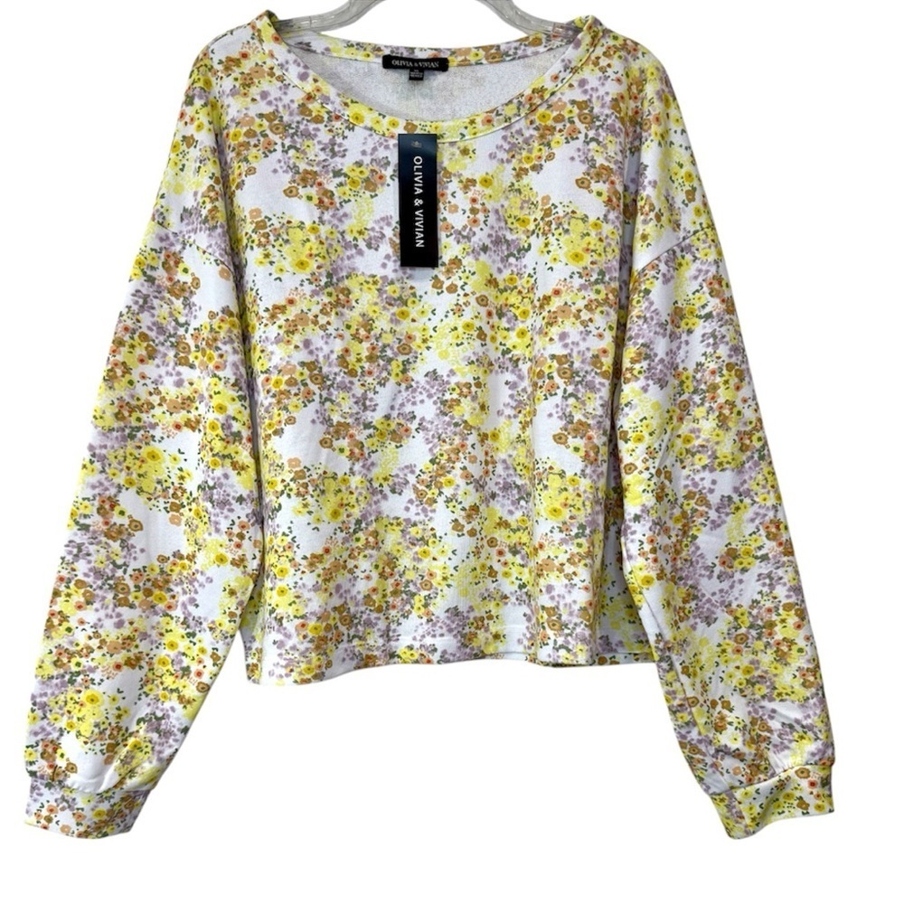Olivia & Vivian Sweatshirt Boatneck Cropped Boxy Floral Multi Color Size: XL NWT - Picture 2 of 8